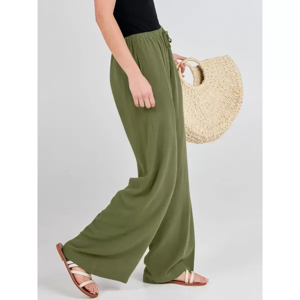 imageANRABESS Womens Linen Summer Palazzo Pants Flowy Wide Leg Beach Casual Pant Trousers with PocketsArmy Green