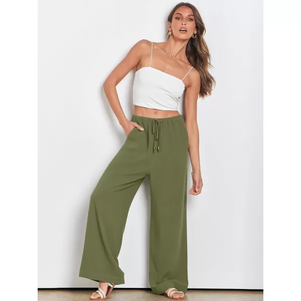 imageANRABESS Womens Linen Summer Palazzo Pants Flowy Wide Leg Beach Casual Pant Trousers with PocketsArmy Green
