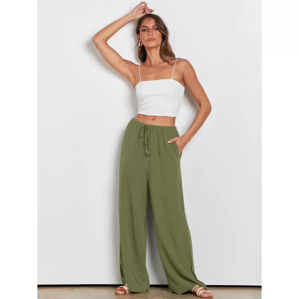 imageANRABESS Womens Linen Summer Palazzo Pants Flowy Wide Leg Beach Casual Pant Trousers with PocketsArmy Green