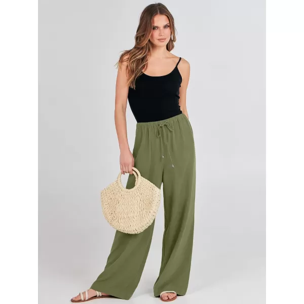 imageANRABESS Womens Linen Summer Palazzo Pants Flowy Wide Leg Beach Casual Pant Trousers with PocketsArmy Green