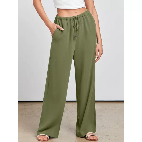 imageANRABESS Womens Linen Summer Palazzo Pants Flowy Wide Leg Beach Casual Pant Trousers with PocketsArmy Green