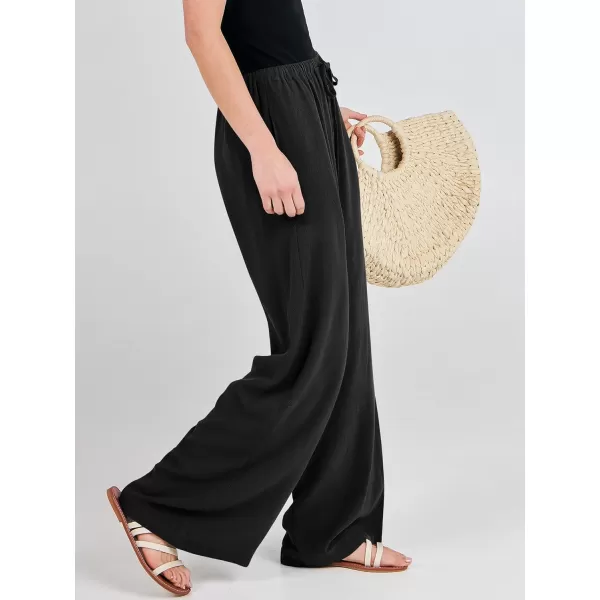imageANRABESS Womens Linen Summer Palazzo Pants Flowy Wide Leg Beach Casual Pant Trousers with PocketsBlack