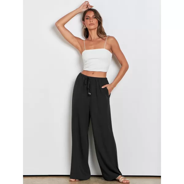 imageANRABESS Womens Linen Summer Palazzo Pants Flowy Wide Leg Beach Casual Pant Trousers with PocketsBlack