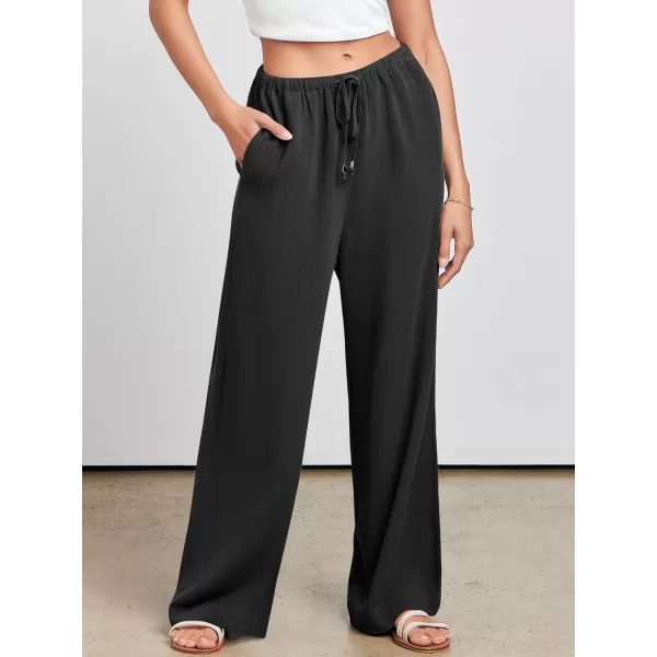 imageANRABESS Womens Linen Summer Palazzo Pants Flowy Wide Leg Beach Casual Pant Trousers with PocketsBlack