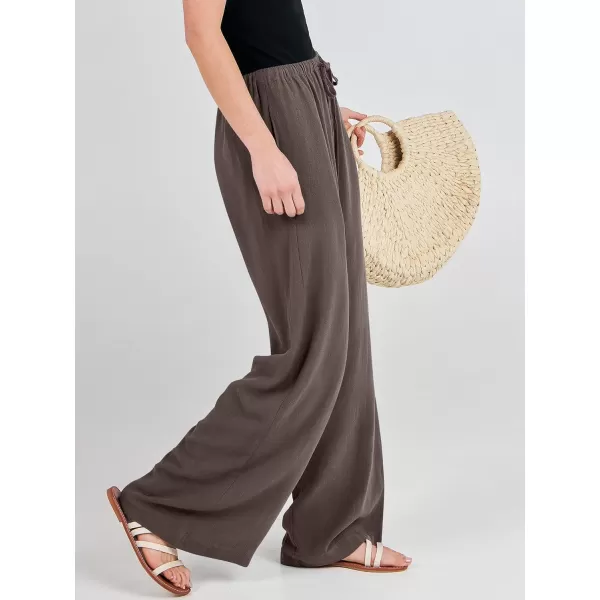 imageANRABESS Womens Linen Summer Palazzo Pants Flowy Wide Leg Beach Casual Pant Trousers with PocketsCoffee