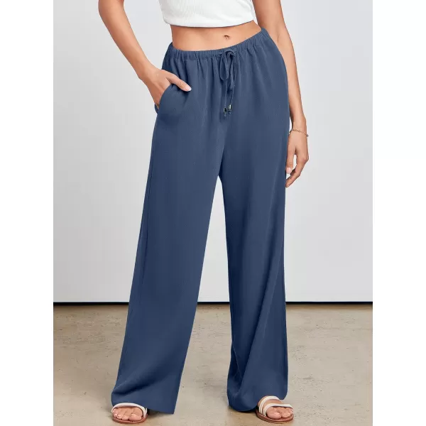 imageANRABESS Womens Linen Summer Palazzo Pants Flowy Wide Leg Beach Casual Pant Trousers with PocketsDeep Blue