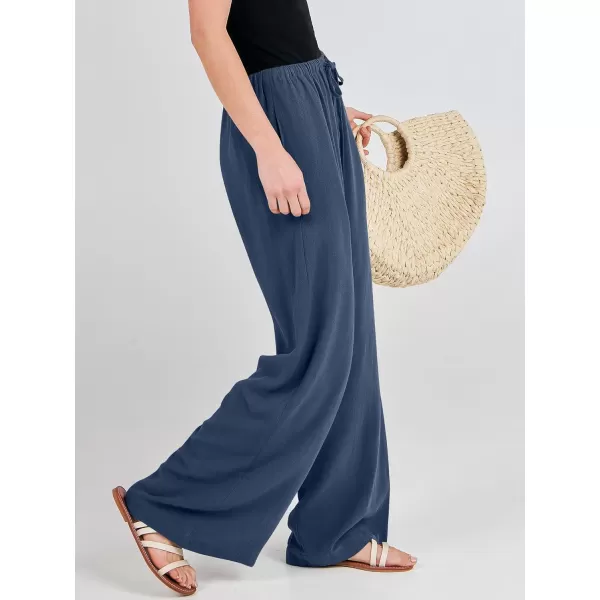 imageANRABESS Womens Linen Summer Palazzo Pants Flowy Wide Leg Beach Casual Pant Trousers with PocketsDeep Blue
