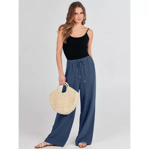 imageANRABESS Womens Linen Summer Palazzo Pants Flowy Wide Leg Beach Casual Pant Trousers with PocketsDeep Blue