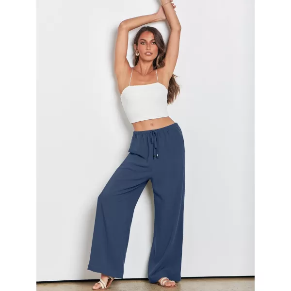 imageANRABESS Womens Linen Summer Palazzo Pants Flowy Wide Leg Beach Casual Pant Trousers with PocketsDeep Blue