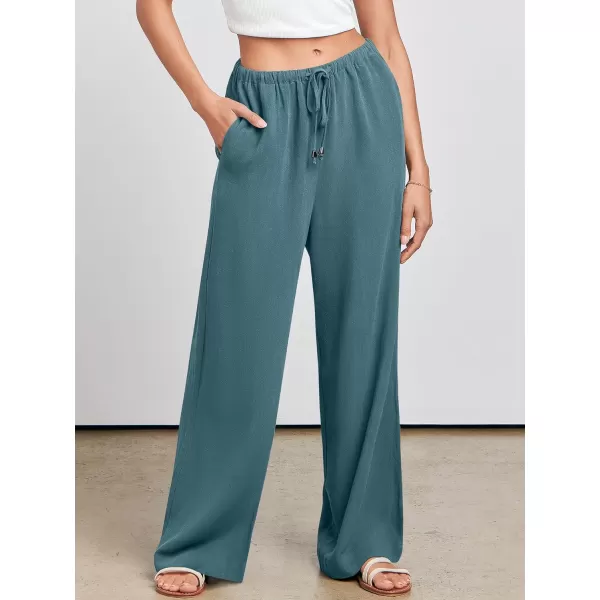 imageANRABESS Womens Linen Summer Palazzo Pants Flowy Wide Leg Beach Casual Pant Trousers with PocketsLake