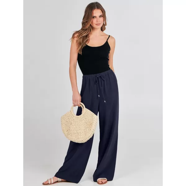 imageANRABESS Womens Linen Summer Palazzo Pants Flowy Wide Leg Beach Casual Pant Trousers with PocketsNavy Blue