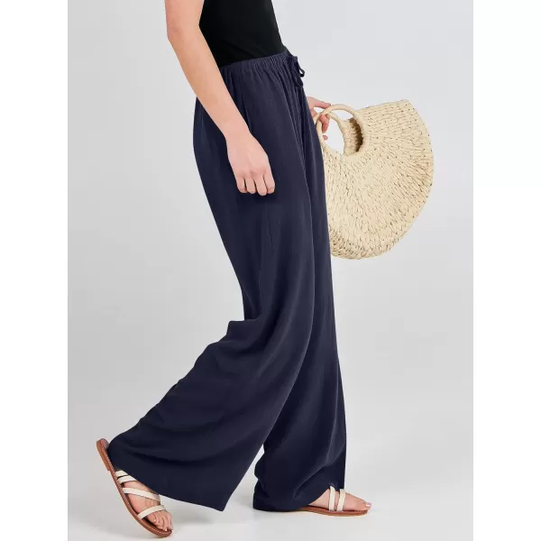 imageANRABESS Womens Linen Summer Palazzo Pants Flowy Wide Leg Beach Casual Pant Trousers with PocketsNavy Blue