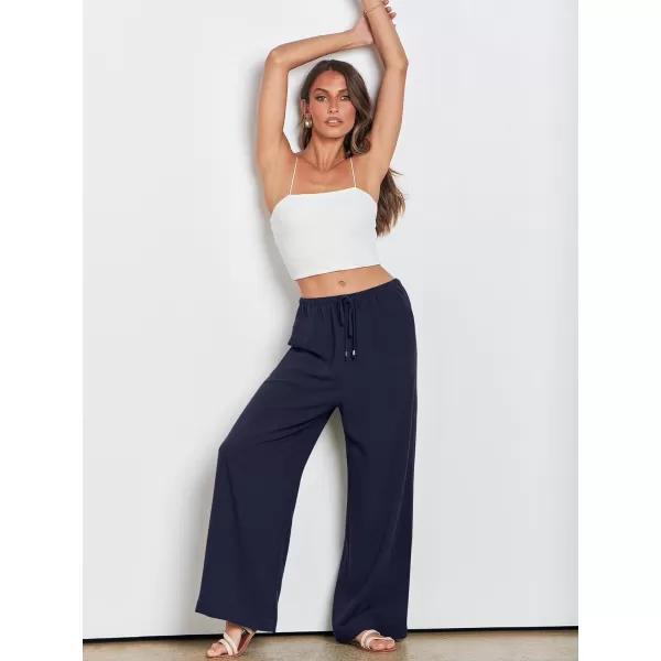 imageANRABESS Womens Linen Summer Palazzo Pants Flowy Wide Leg Beach Casual Pant Trousers with PocketsNavy Blue