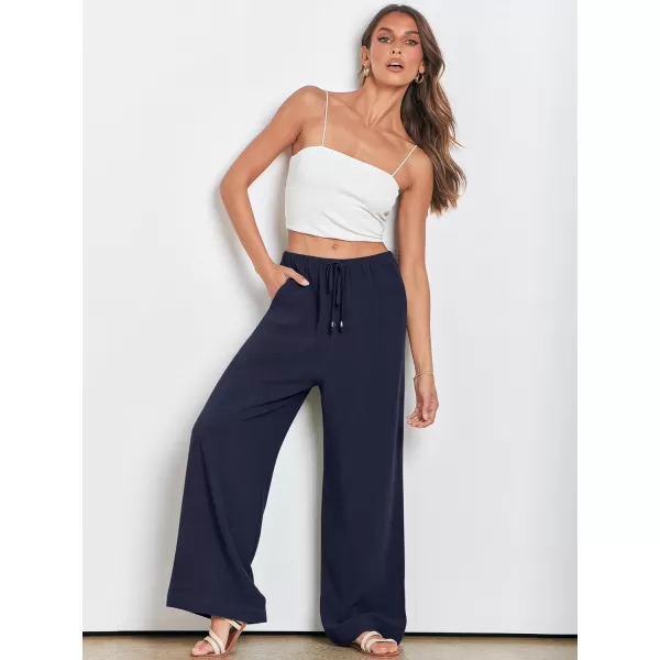 imageANRABESS Womens Linen Summer Palazzo Pants Flowy Wide Leg Beach Casual Pant Trousers with PocketsNavy Blue