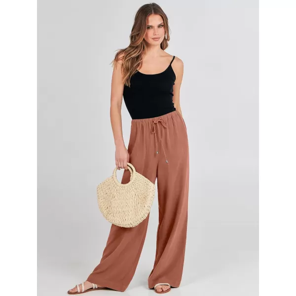 imageANRABESS Womens Linen Summer Palazzo Pants Flowy Wide Leg Beach Casual Pant Trousers with PocketsRust
