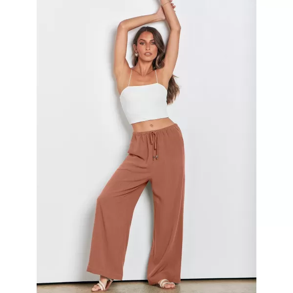 imageANRABESS Womens Linen Summer Palazzo Pants Flowy Wide Leg Beach Casual Pant Trousers with PocketsRust