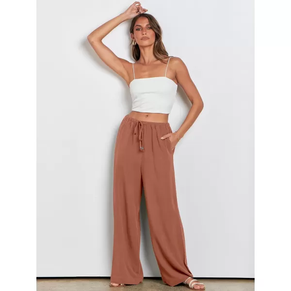 imageANRABESS Womens Linen Summer Palazzo Pants Flowy Wide Leg Beach Casual Pant Trousers with PocketsRust