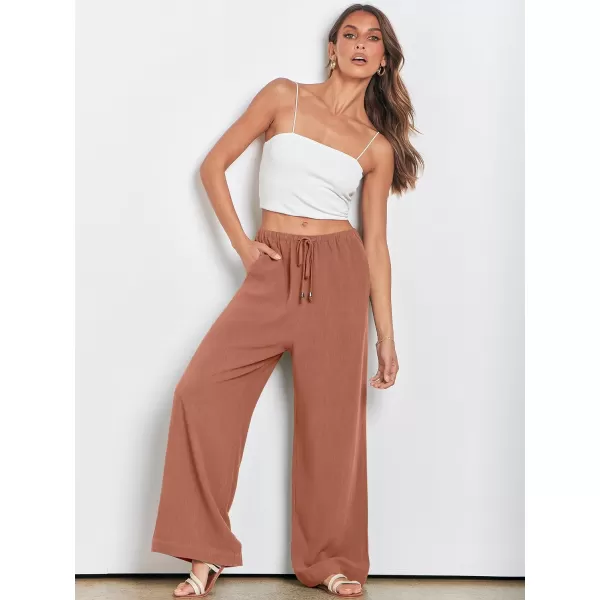 imageANRABESS Womens Linen Summer Palazzo Pants Flowy Wide Leg Beach Casual Pant Trousers with PocketsRust