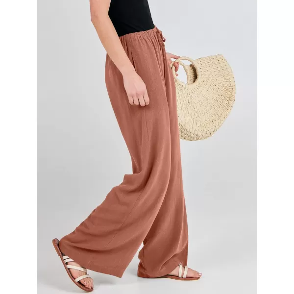 imageANRABESS Womens Linen Summer Palazzo Pants Flowy Wide Leg Beach Casual Pant Trousers with PocketsRust