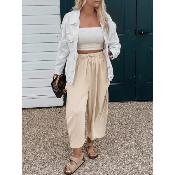 imageANRABESS Womens Linen Wide Leg Pants 2024 Summer Casual Elastic Waistband Drawstring Beach Palazzo Harem Pants TrousersApricot