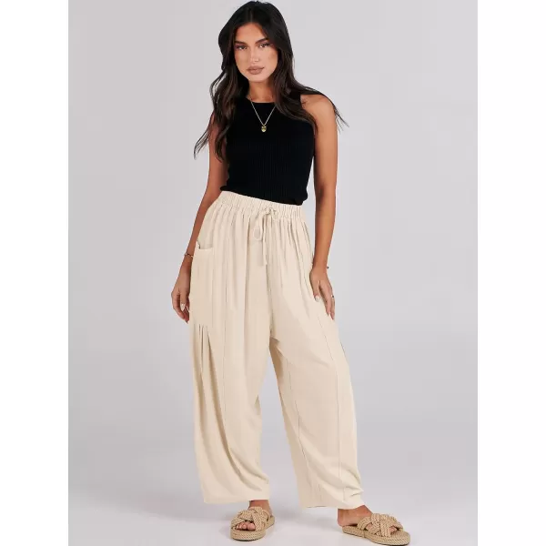 imageANRABESS Womens Linen Wide Leg Pants 2024 Summer Casual Elastic Waistband Drawstring Beach Palazzo Harem Pants TrousersApricot