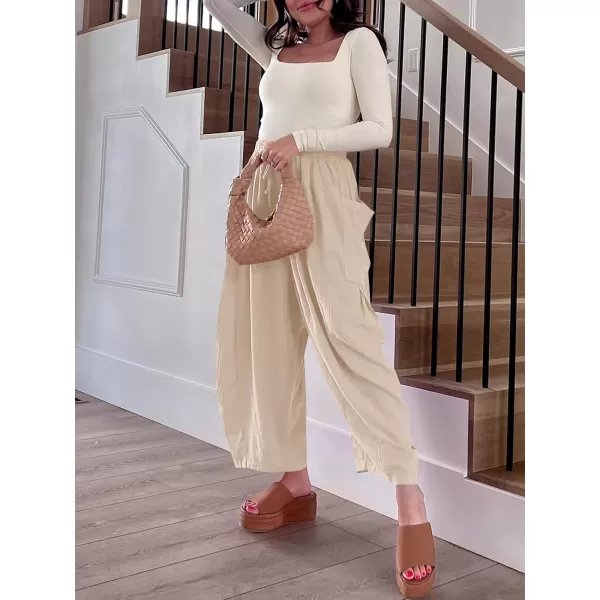 imageANRABESS Womens Linen Wide Leg Pants 2024 Summer Casual Elastic Waistband Drawstring Beach Palazzo Harem Pants TrousersApricot