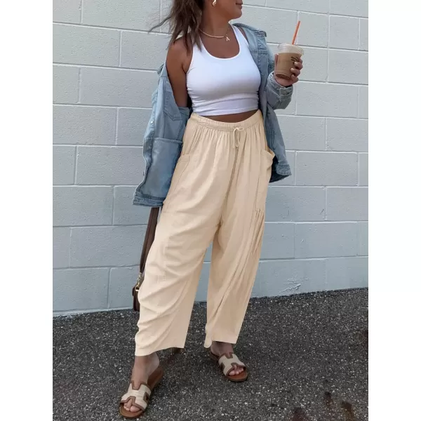 imageANRABESS Womens Linen Wide Leg Pants 2024 Summer Casual Elastic Waistband Drawstring Beach Palazzo Harem Pants TrousersApricot