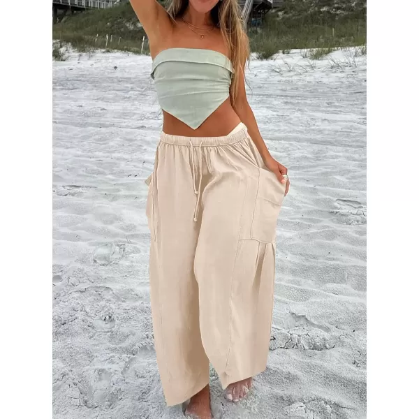 imageANRABESS Womens Linen Wide Leg Pants 2024 Summer Casual Elastic Waistband Drawstring Beach Palazzo Harem Pants TrousersApricot