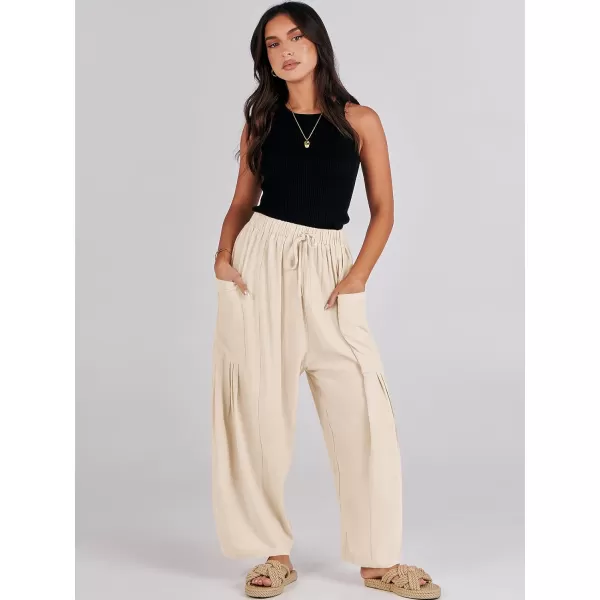 imageANRABESS Womens Linen Wide Leg Pants 2024 Summer Casual Elastic Waistband Drawstring Beach Palazzo Harem Pants TrousersApricot
