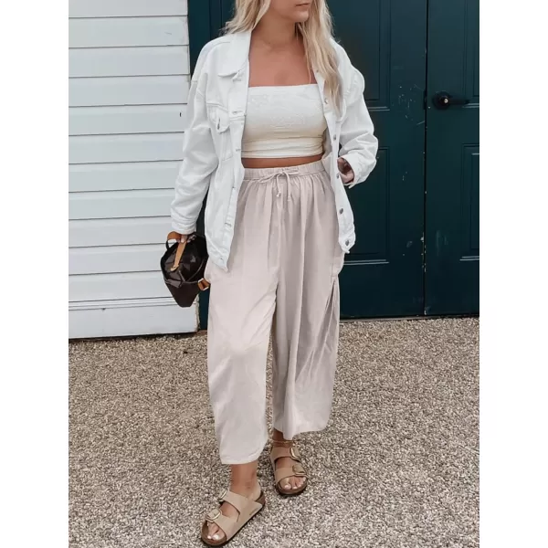 imageANRABESS Womens Linen Wide Leg Pants 2024 Summer Casual Elastic Waistband Drawstring Beach Palazzo Harem Pants TrousersBeige