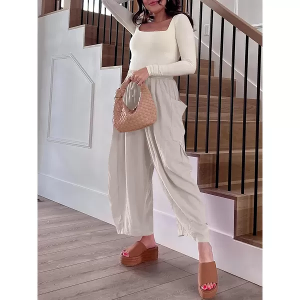 imageANRABESS Womens Linen Wide Leg Pants 2024 Summer Casual Elastic Waistband Drawstring Beach Palazzo Harem Pants TrousersBeige