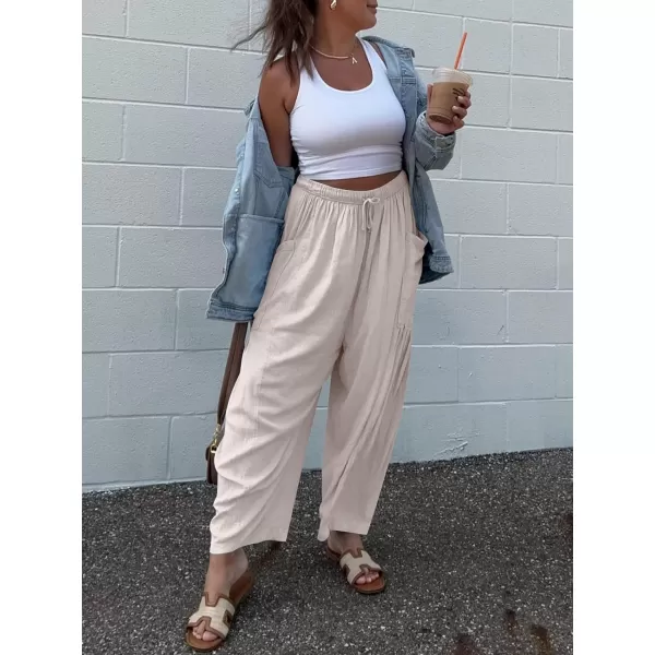 imageANRABESS Womens Linen Wide Leg Pants 2024 Summer Casual Elastic Waistband Drawstring Beach Palazzo Harem Pants TrousersBeige