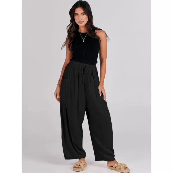 imageANRABESS Womens Linen Wide Leg Pants 2024 Summer Casual Elastic Waistband Drawstring Beach Palazzo Harem Pants TrousersBlack