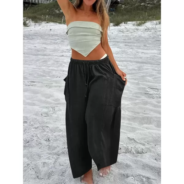 imageANRABESS Womens Linen Wide Leg Pants 2024 Summer Casual Elastic Waistband Drawstring Beach Palazzo Harem Pants TrousersBlack