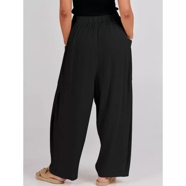 imageANRABESS Womens Linen Wide Leg Pants 2024 Summer Casual Elastic Waistband Drawstring Beach Palazzo Harem Pants TrousersBlack