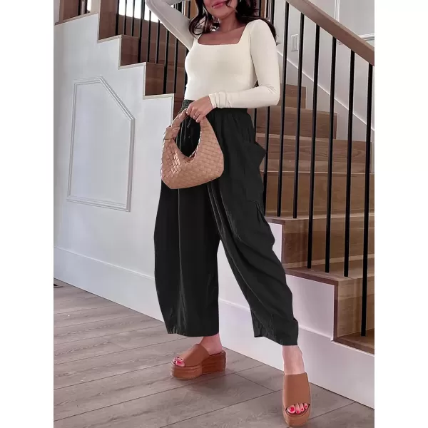 imageANRABESS Womens Linen Wide Leg Pants 2024 Summer Casual Elastic Waistband Drawstring Beach Palazzo Harem Pants TrousersBlack