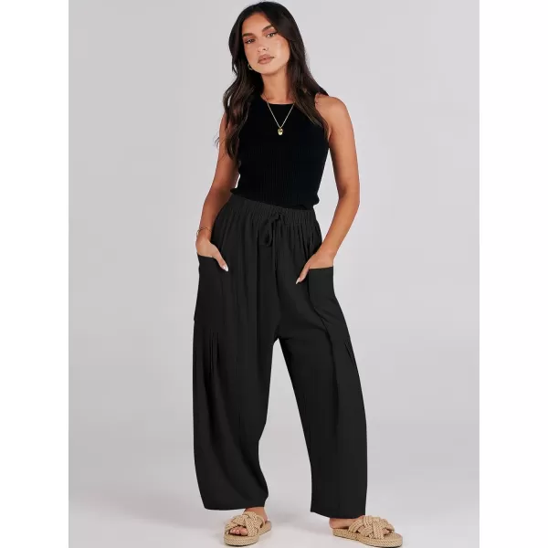imageANRABESS Womens Linen Wide Leg Pants 2024 Summer Casual Elastic Waistband Drawstring Beach Palazzo Harem Pants TrousersBlack