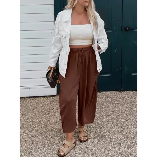 imageANRABESS Womens Linen Wide Leg Pants 2024 Summer Casual Elastic Waistband Drawstring Beach Palazzo Harem Pants TrousersBrick Red