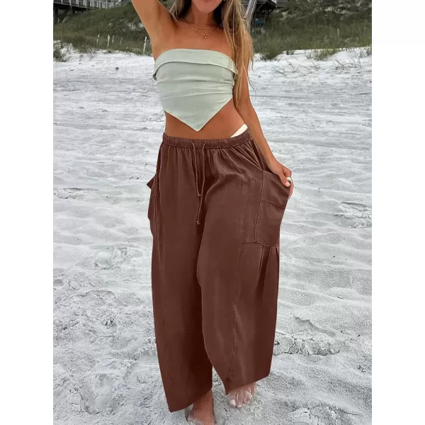 imageANRABESS Womens Linen Wide Leg Pants 2024 Summer Casual Elastic Waistband Drawstring Beach Palazzo Harem Pants TrousersBrick Red