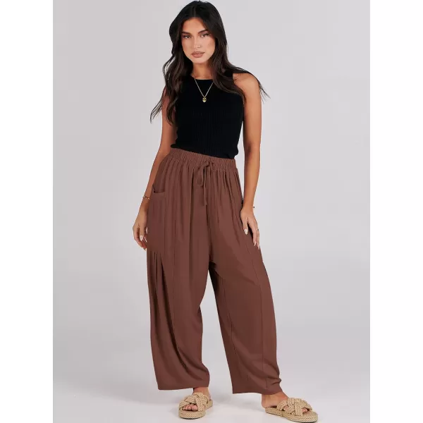 imageANRABESS Womens Linen Wide Leg Pants 2024 Summer Casual Elastic Waistband Drawstring Beach Palazzo Harem Pants TrousersBrick Red