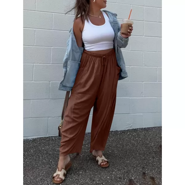 imageANRABESS Womens Linen Wide Leg Pants 2024 Summer Casual Elastic Waistband Drawstring Beach Palazzo Harem Pants TrousersBrick Red