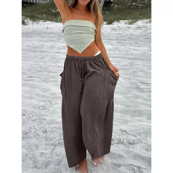 imageANRABESS Womens Linen Wide Leg Pants 2024 Summer Casual Elastic Waistband Drawstring Beach Palazzo Harem Pants TrousersCoffee