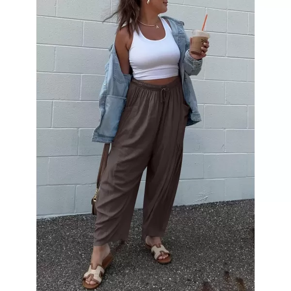 imageANRABESS Womens Linen Wide Leg Pants 2024 Summer Casual Elastic Waistband Drawstring Beach Palazzo Harem Pants TrousersCoffee