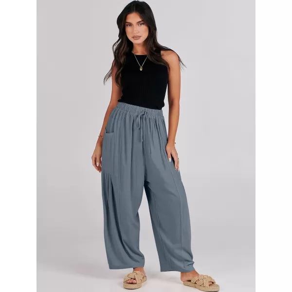 imageANRABESS Womens Linen Wide Leg Pants 2024 Summer Casual Elastic Waistband Drawstring Beach Palazzo Harem Pants TrousersGray Blue