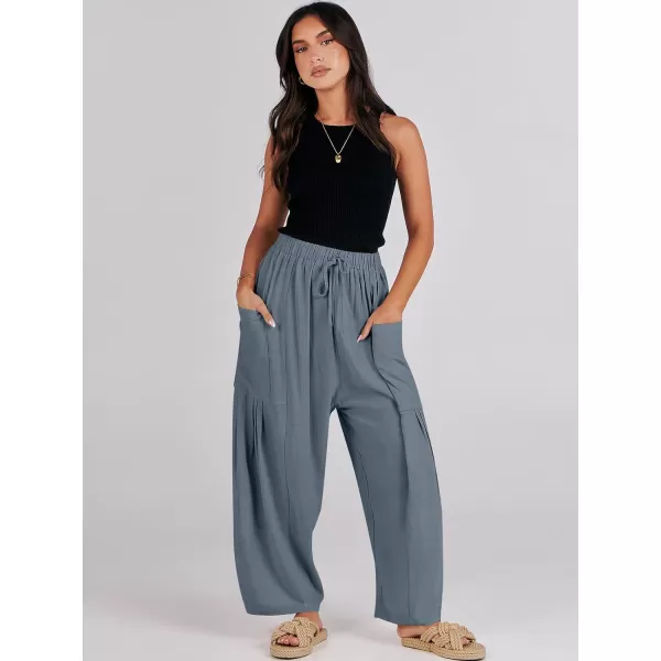 imageANRABESS Womens Linen Wide Leg Pants 2024 Summer Casual Elastic Waistband Drawstring Beach Palazzo Harem Pants TrousersGray Blue