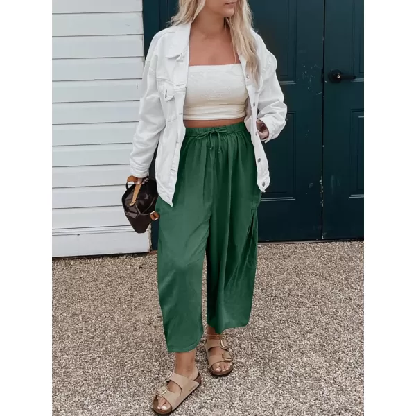 imageANRABESS Womens Linen Wide Leg Pants 2024 Summer Casual Elastic Waistband Drawstring Beach Palazzo Harem Pants TrousersGreen
