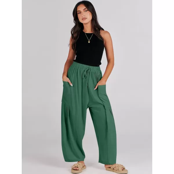 imageANRABESS Womens Linen Wide Leg Pants 2024 Summer Casual Elastic Waistband Drawstring Beach Palazzo Harem Pants TrousersGreen