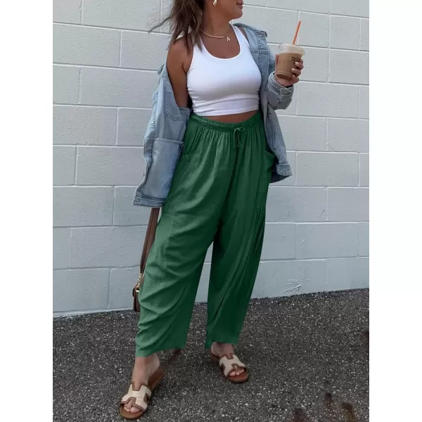 imageANRABESS Womens Linen Wide Leg Pants 2024 Summer Casual Elastic Waistband Drawstring Beach Palazzo Harem Pants TrousersGreen