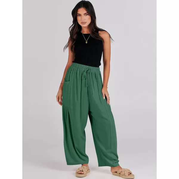 imageANRABESS Womens Linen Wide Leg Pants 2024 Summer Casual Elastic Waistband Drawstring Beach Palazzo Harem Pants TrousersGreen
