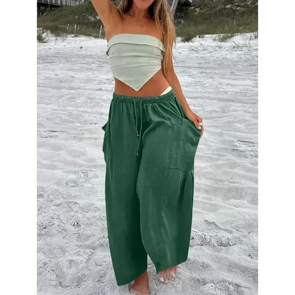 imageANRABESS Womens Linen Wide Leg Pants 2024 Summer Casual Elastic Waistband Drawstring Beach Palazzo Harem Pants TrousersGreen